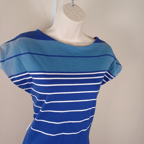 Vintage 1960s Mod Boat Neck Shift Dress Resort Nautical Blue Stripes Cap Sleeve - Picture 10 of 13